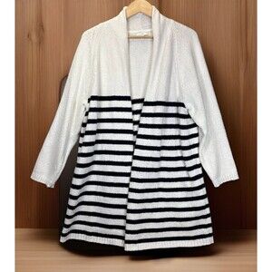 Talbots Long Cardigan Sweater XL P White Blue Stripes Cotton Nautical Open Front